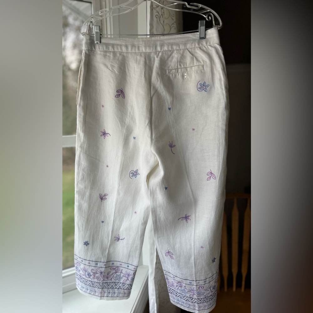 White Linen Pastel Embroidered Wide-Leg Cropped Pants Feminine Work Sz 12 - Picture 2 of 7